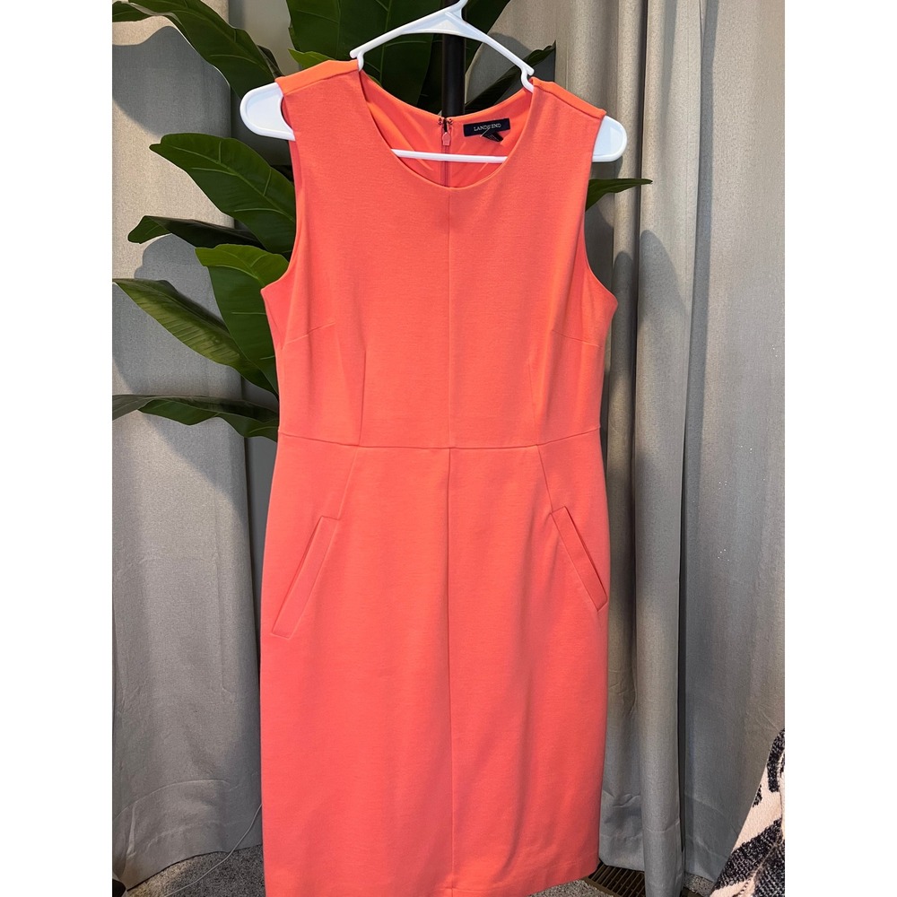 Lands End Womens Coral Pink Sleeveless Ponte Sheath Dress Petite 6P Pocketed
